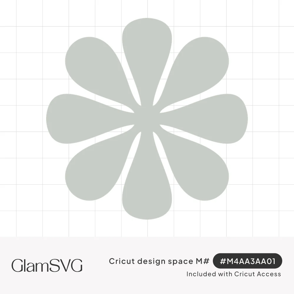 Simple sage gray flower silhouette with eight rounded teardrop-shaped petals radiating from an open center