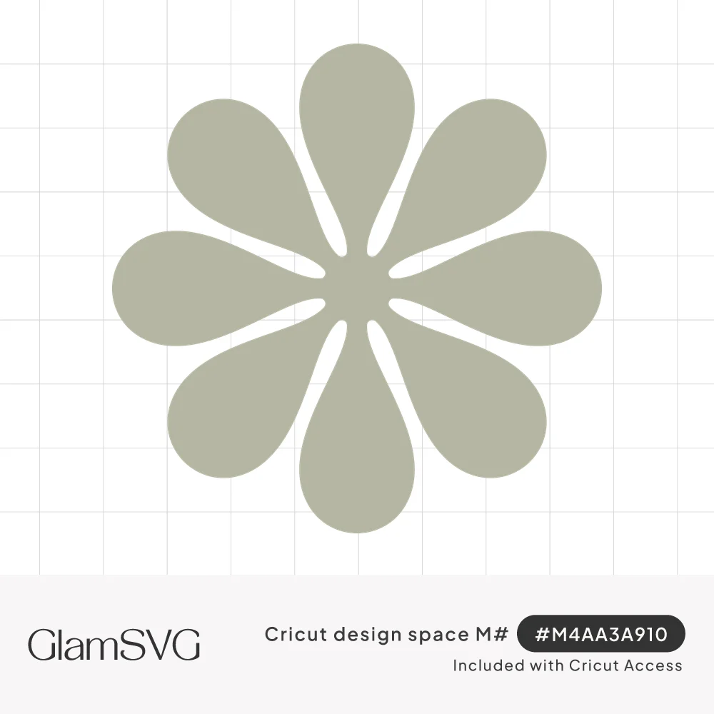 Sage green flower silhouette with eight rounded teardrop petals separated by thin gaps around a solid center