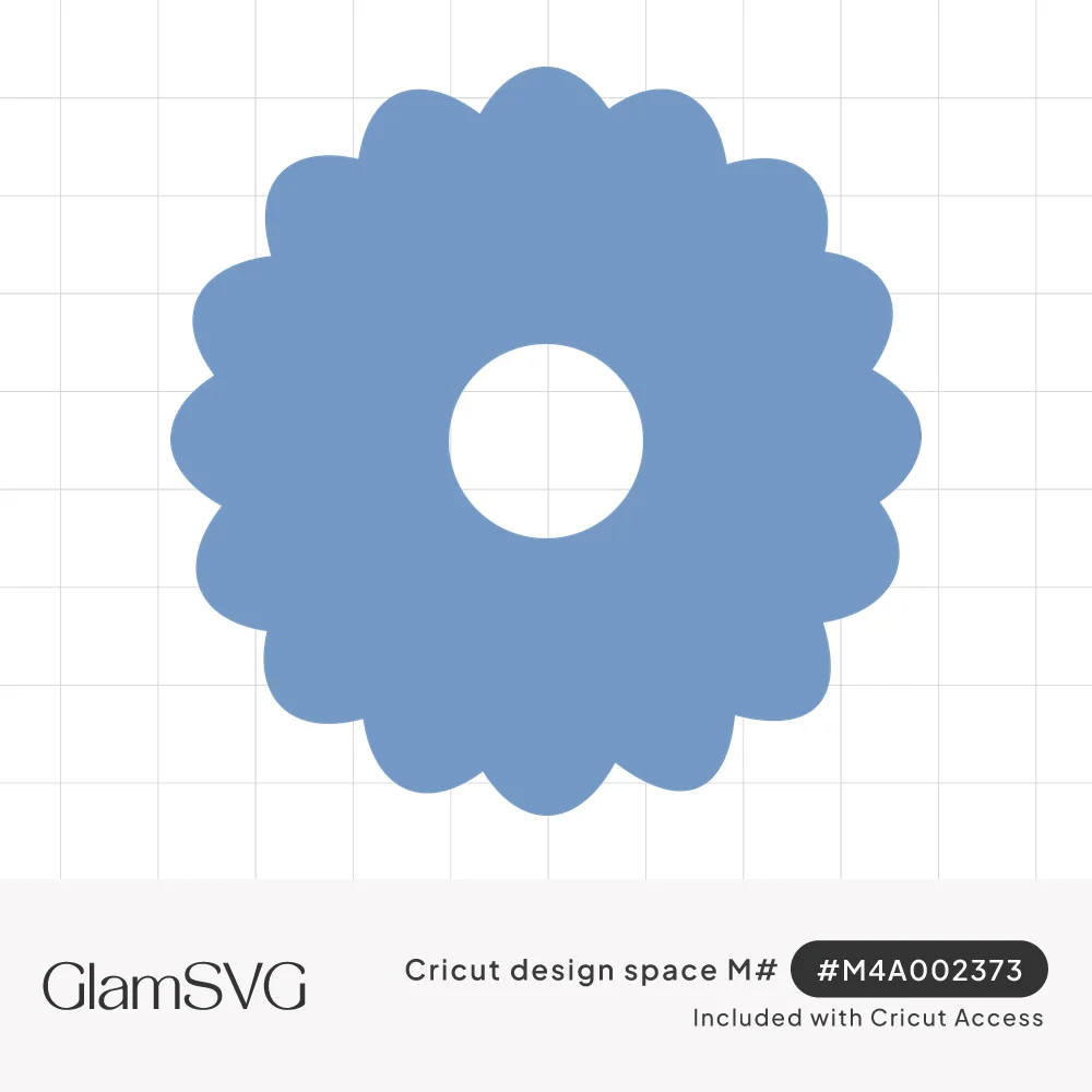 Blue scalloped flower silhouette with rounded petals and a round open center on a white background