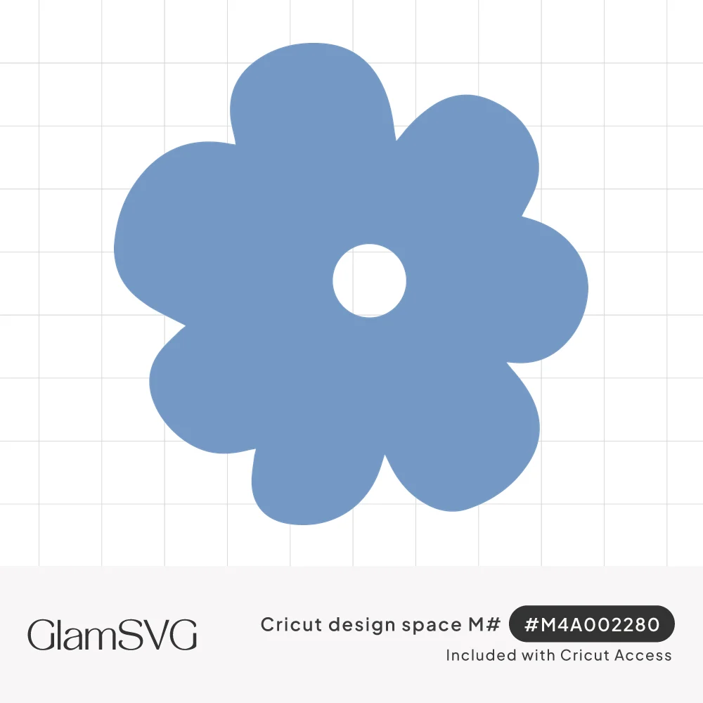 Blue retro flower silhouette with six rounded, uneven petals and a small open circle in the center