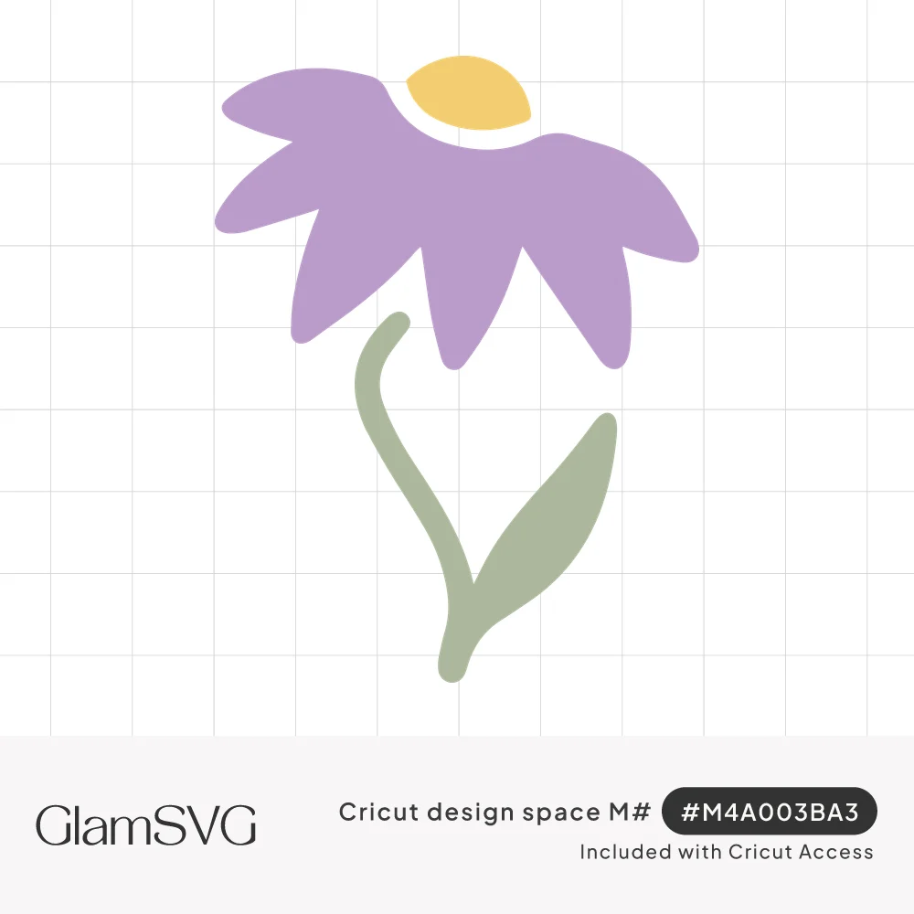 Purple coneflower with drooping petals, yellow center, curved green stem and one leaf in a simple flat style