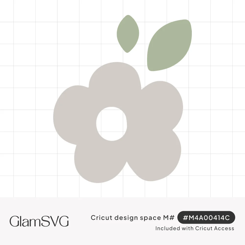 Minimalist gray five-petal flower with a round open center and two sage green leaves above it