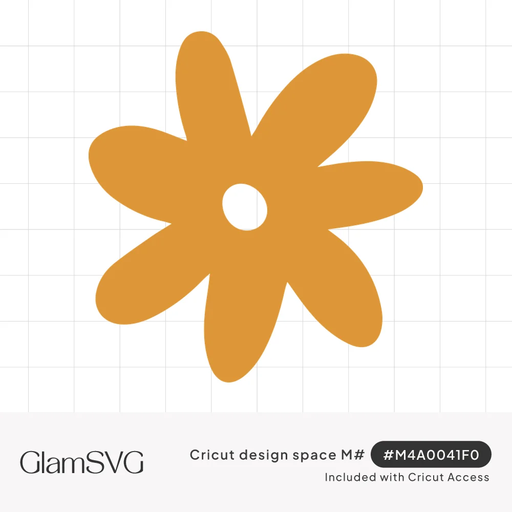 Solid mustard yellow groovy daisy flower with seven rounded petals and a small hollow circle in the center