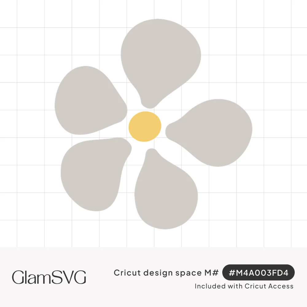 Minimalist flower with five rounded gray teardrop petals around a small yellow circle center