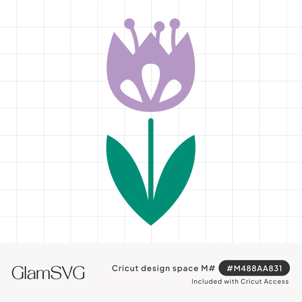 Simple purple tulip with three stamens and teardrop cutouts on a thin green stem with two pointed green leaves