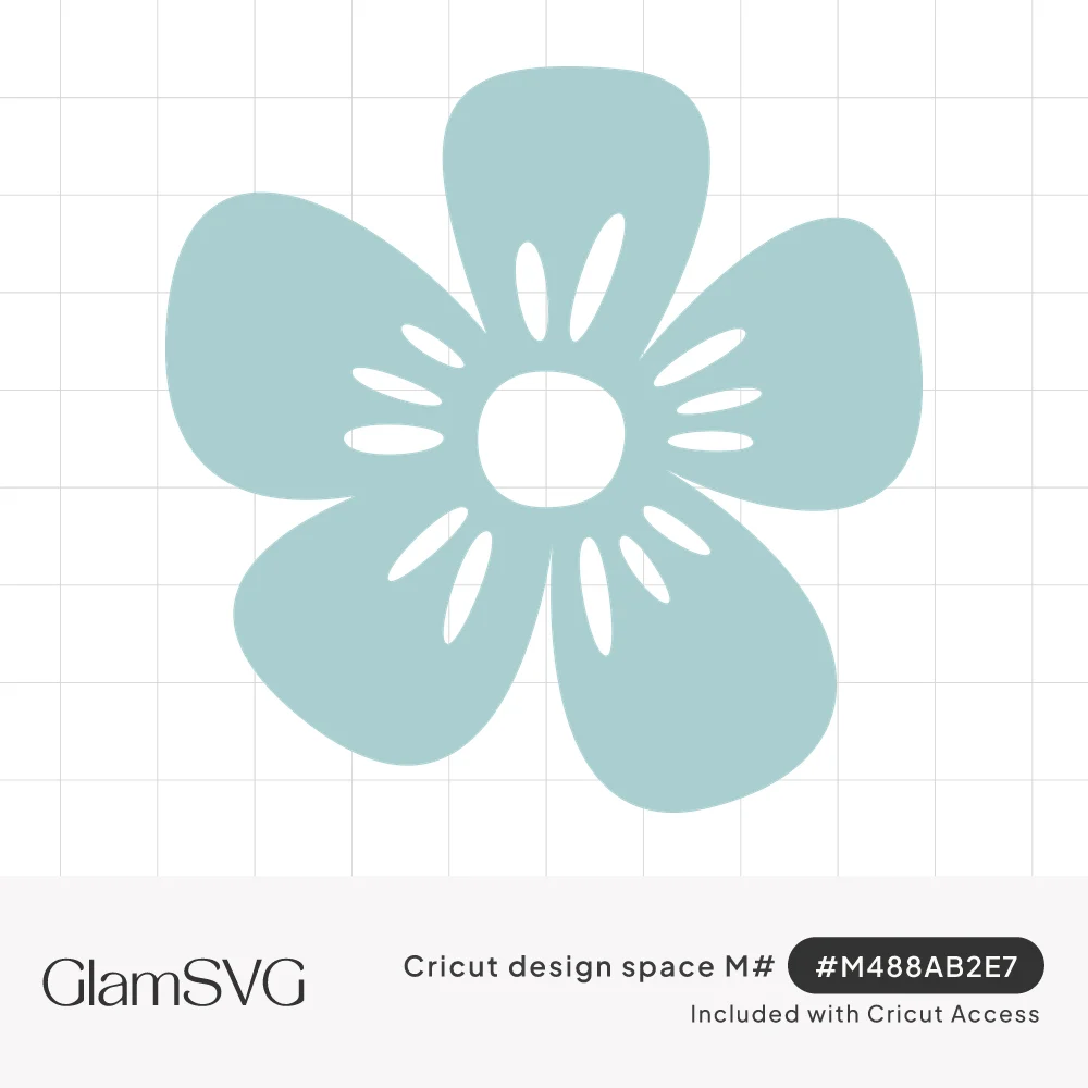 Dusty blue five petal flower with a white circle center and slim cutout stamens radiating around it