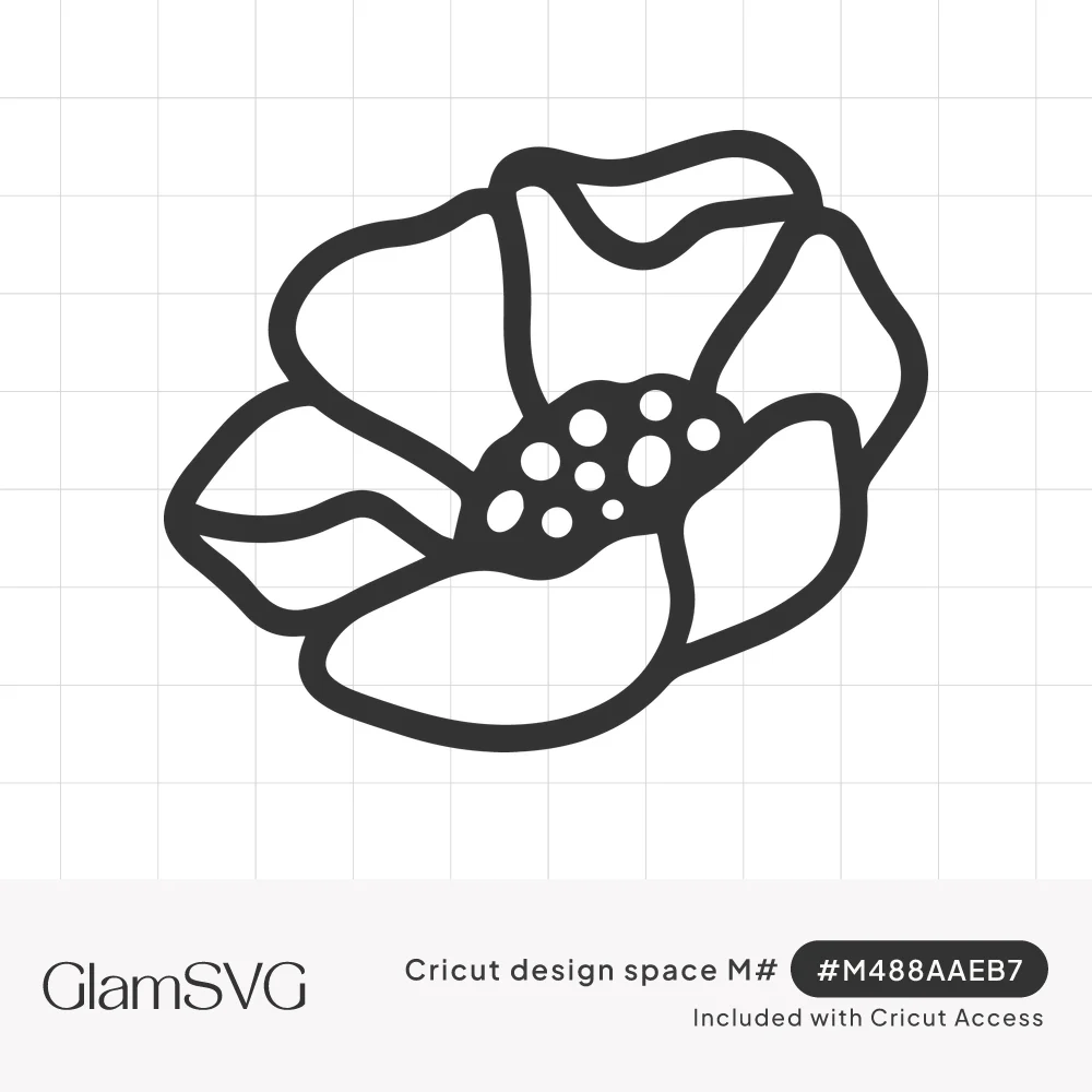 Black bold line drawing of an open flower with overlapping curled petals and a dotted center