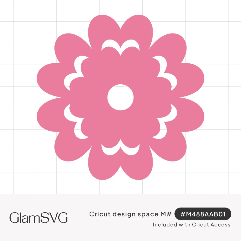 Pink flower with two rings of rounded heart-shaped petals, small scalloped cutouts and a round white center