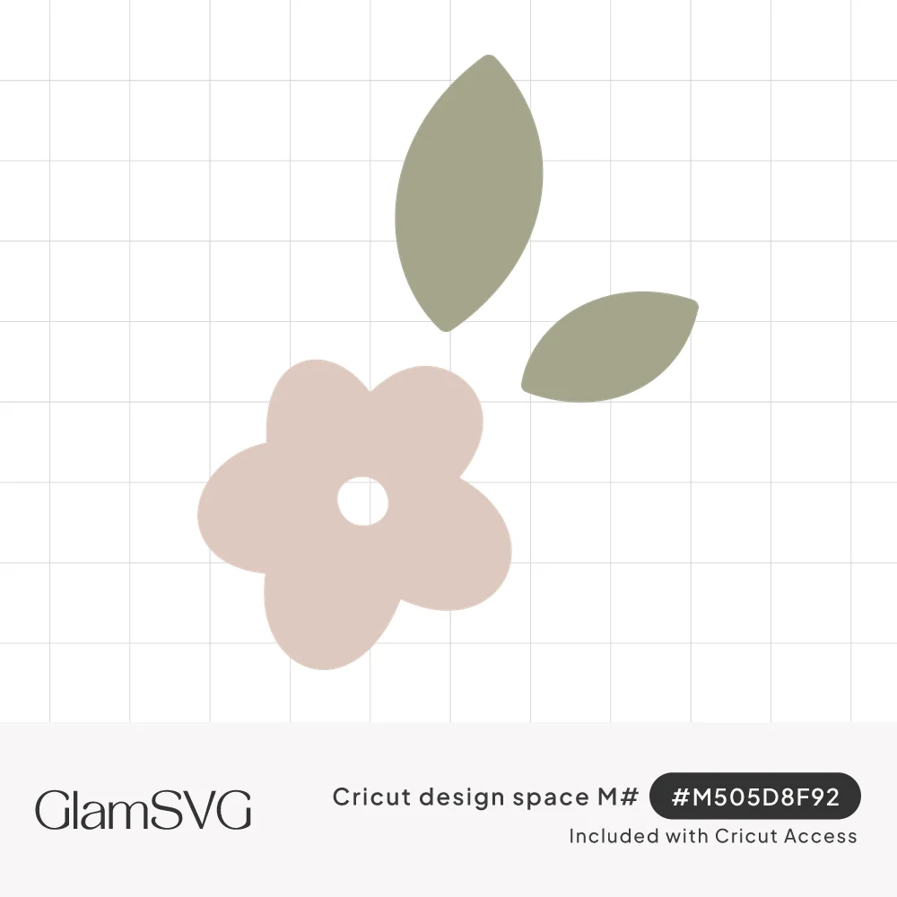 Simple blush pink five-petal flower with a round center cutout and two sage green leaves above it