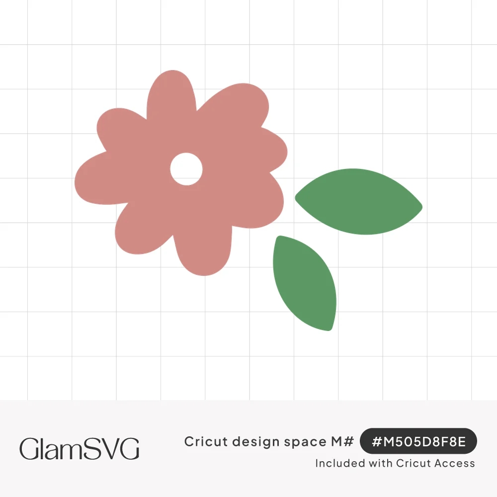 Dusty pink five-petal flower with a round open center beside two separate green leaves on a white background