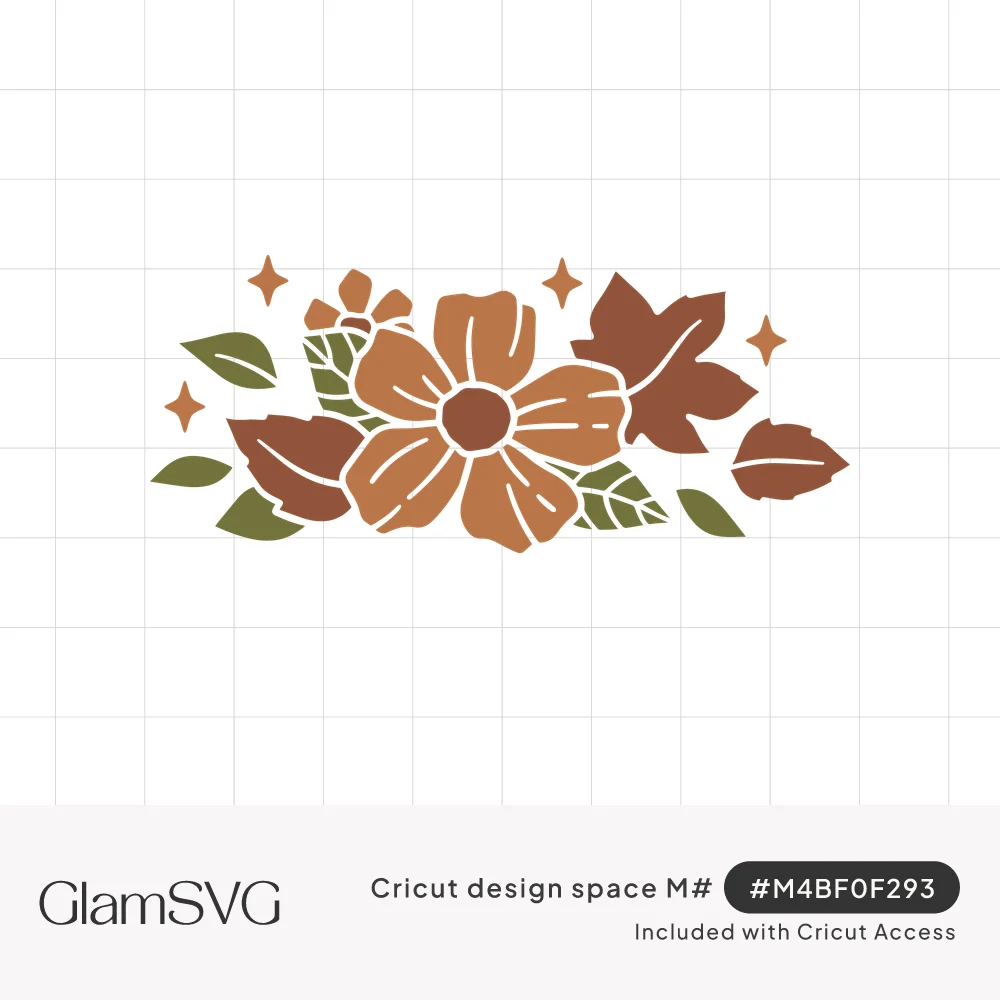 Horizontal fall floral spray with a large orange flower, brown maple leaves, green leaves and small sparkles