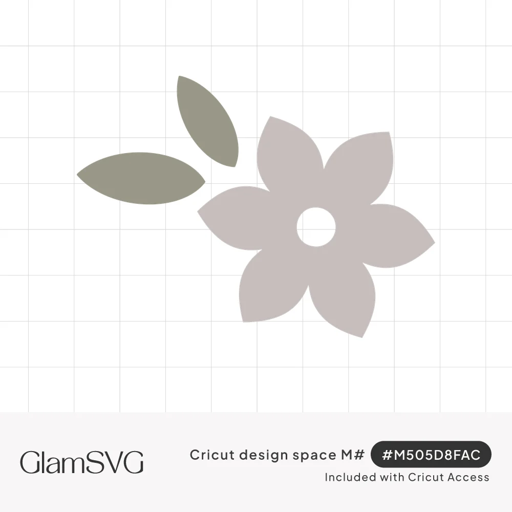 Solid gray six-petal flower with a round open center beside two sage green leaves, in a simple minimalist style
