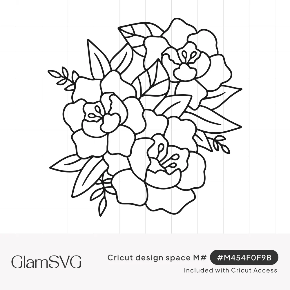 Black outline drawing of a bouquet with three open flowers surrounded by pointed leaves and small sprigs