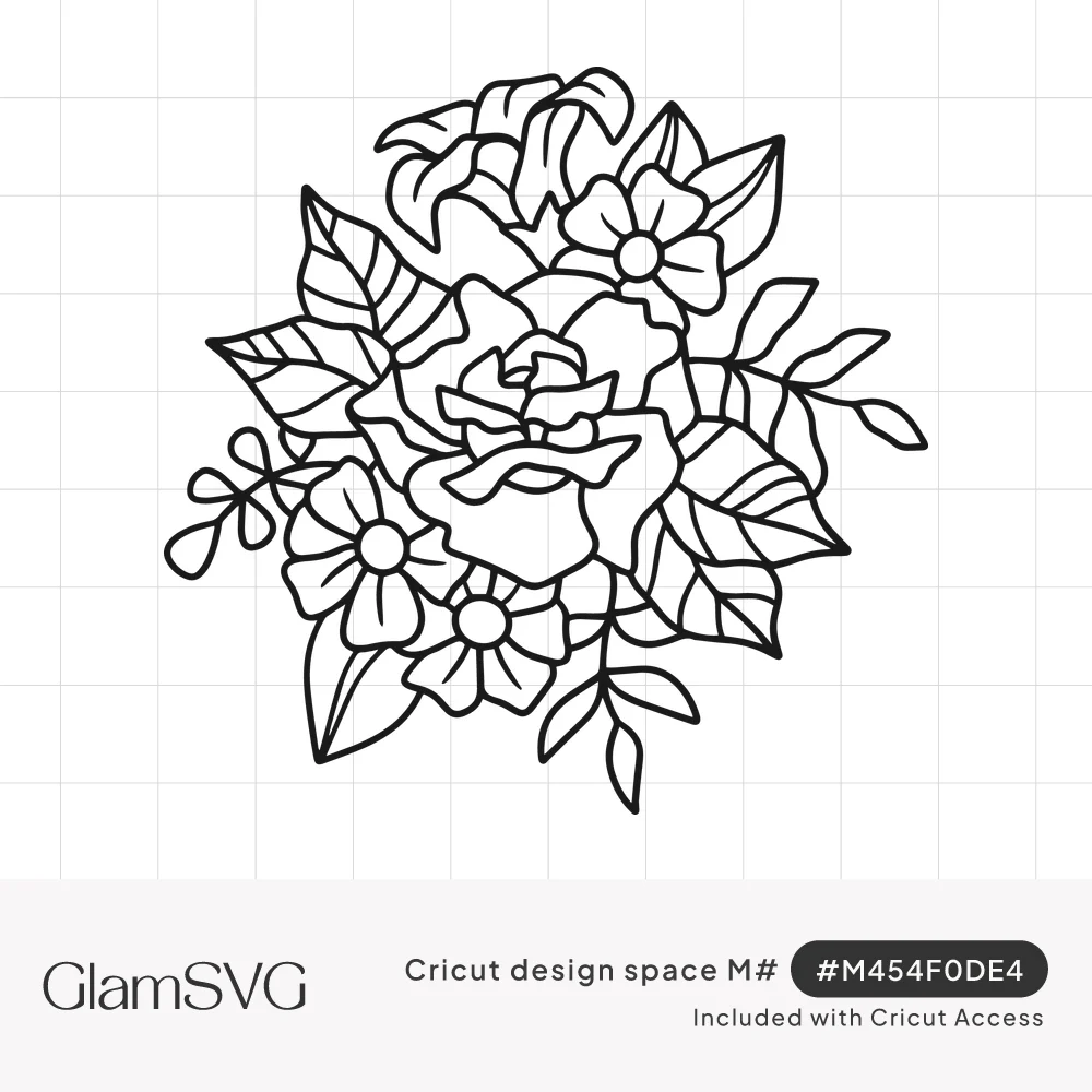 Black outline drawing of a flower bouquet with a large rose, small five-petal flowers, a lily and leaves