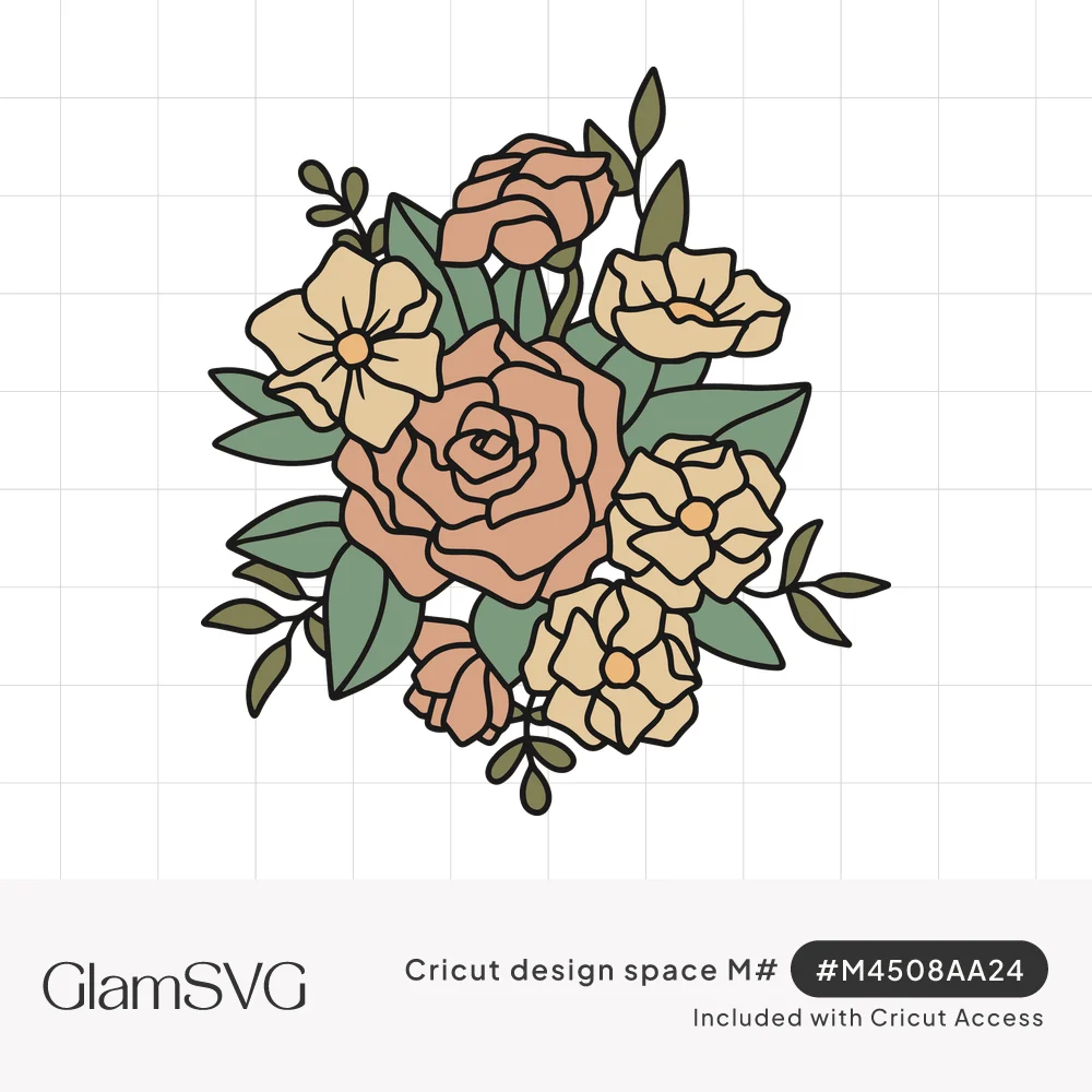 Outlined bouquet of dusty pink roses and cream flowers with sage green leaves in muted vintage colors