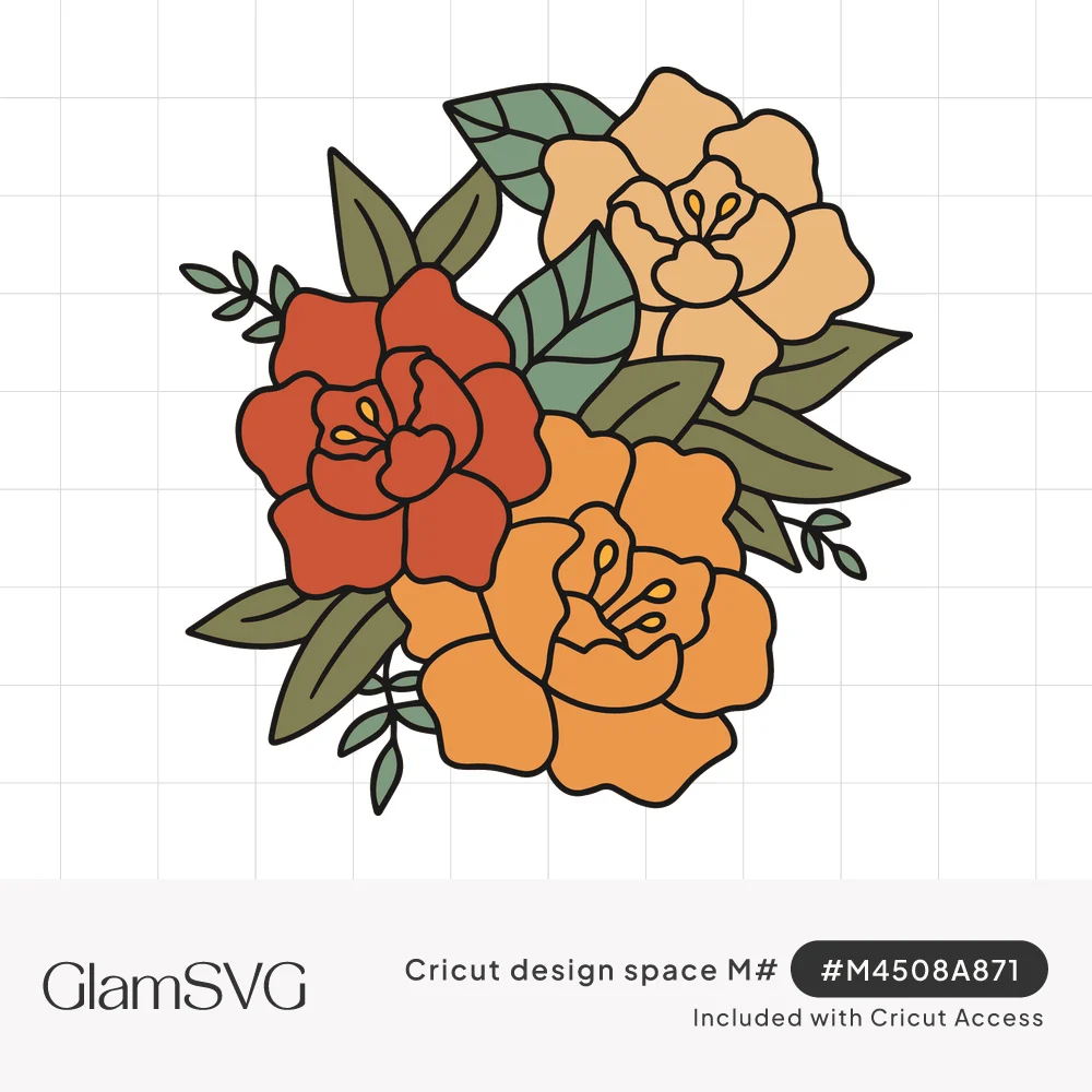 Bouquet of three roses in rust red, orange and peach with sage and olive green leaves, drawn with bold dark outlines