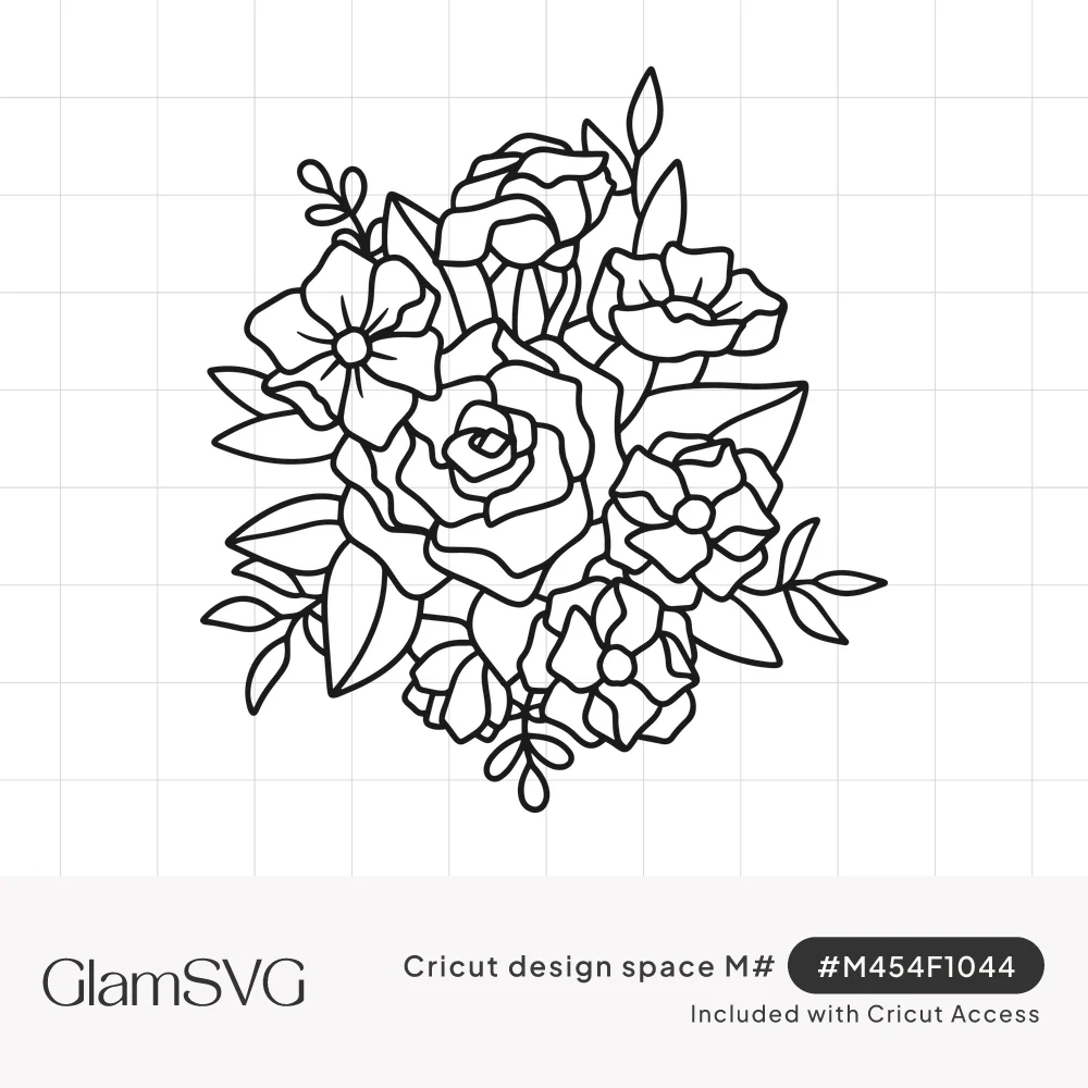 Black line art bouquet of a rose, open flowers, buds and leaves arranged in a rounded cluster
