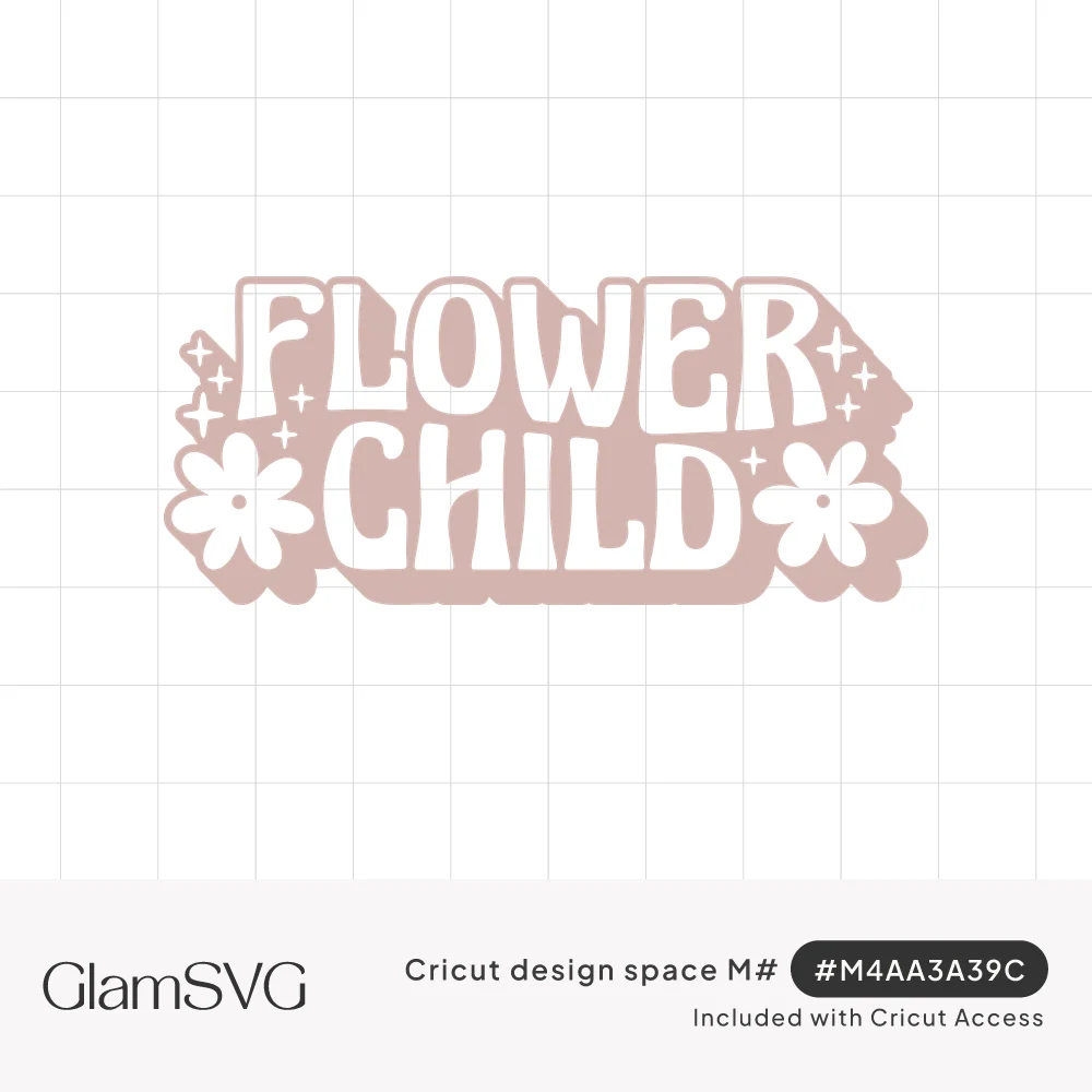 Groovy white Flower Child lettering on a dusty pink backing with white daisies and small sparkles on each side