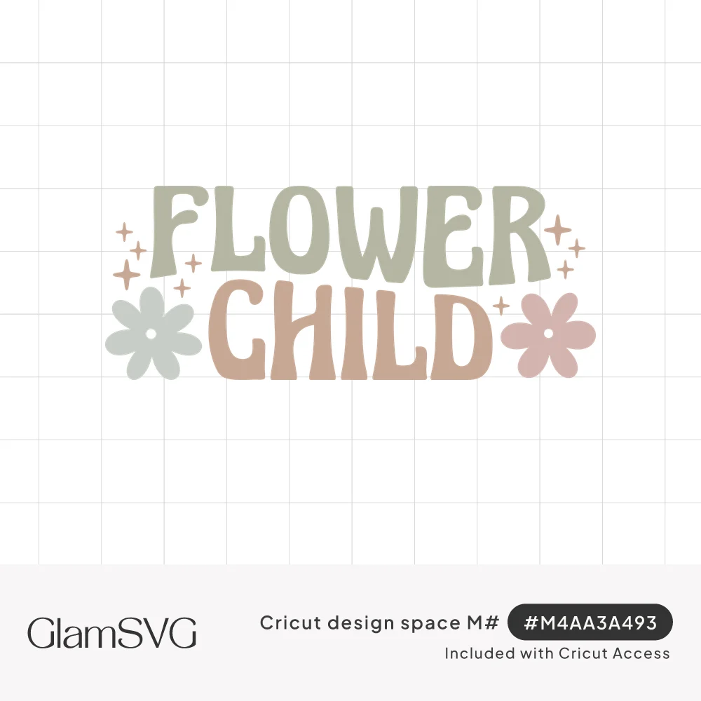 Wavy retro lettering reading Flower Child in sage and peach, with two daisies and small sparkles around the words