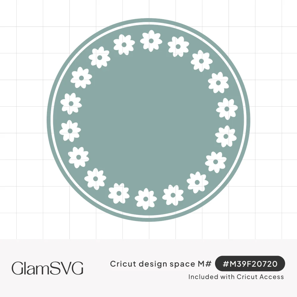 Sage green circle with a thin white inner ring and a ring of small white daisy flowers around an empty center