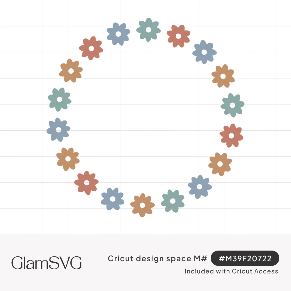Circle frame of small daisy flowers in sage green, dusty blue, terracotta and mustard with an empty center