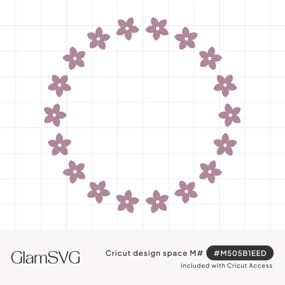 Circular frame of small mauve five-petal flowers with tiny open centers, evenly spaced around an empty middle