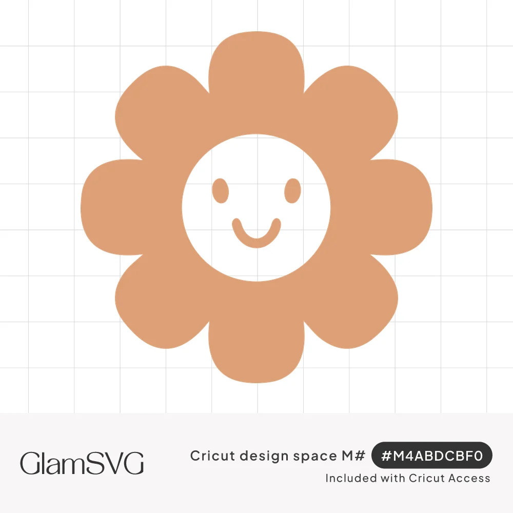 Terracotta daisy with eight rounded petals and a white center holding a simple smiling face