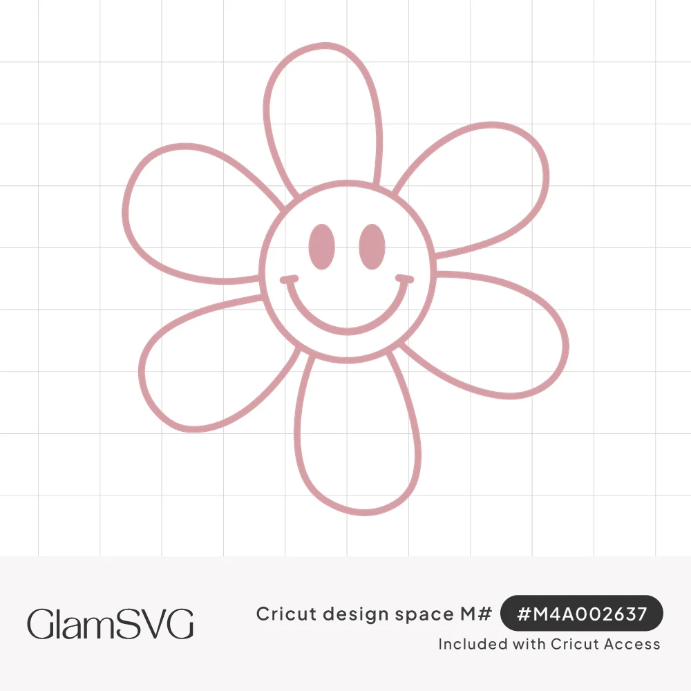 Pink outline of a six-petal daisy flower with a smiling face in the center, two oval eyes and a wide grin