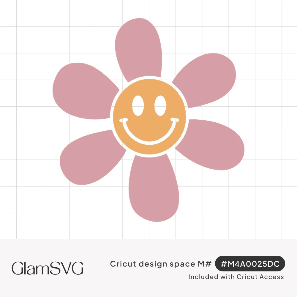 Six-petal dusty pink flower with a smiling orange face in the center, drawn in a flat retro style