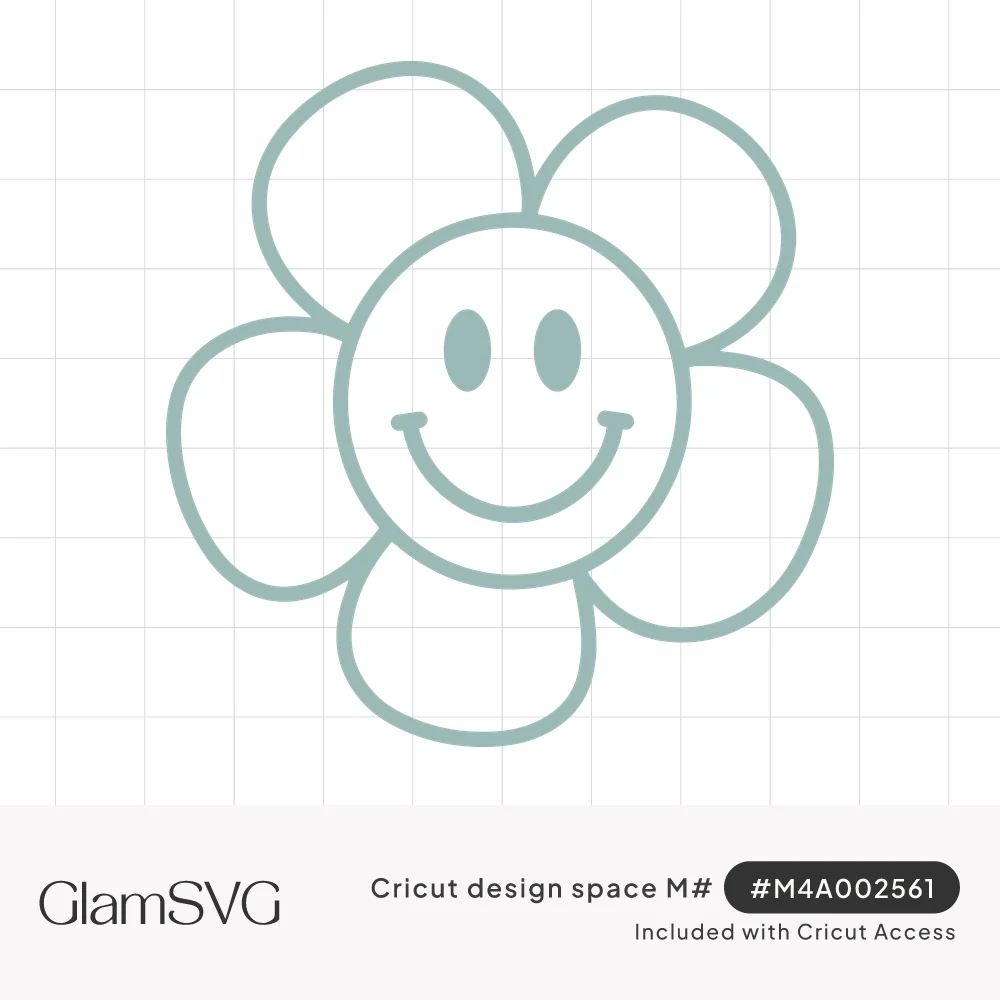Outline drawing of a five-petal flower with a smiling face in its center, in a soft sage green line