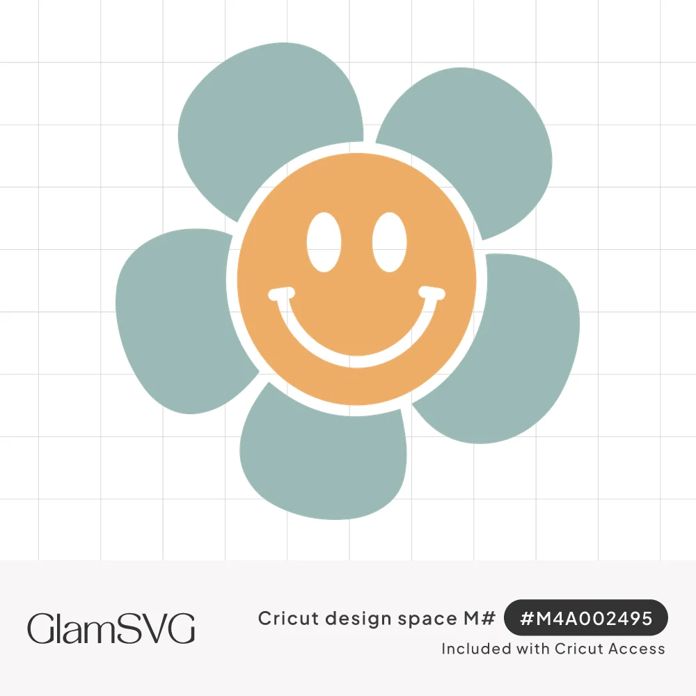 Groovy flower with five rounded sage green petals and an orange smiley face center