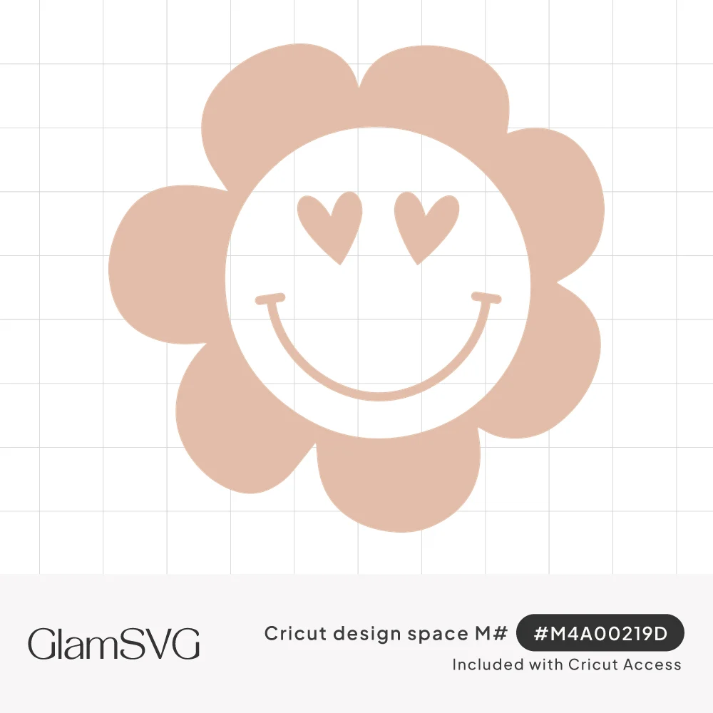 Blush pink daisy flower shape with a smiley face in the center featuring heart-shaped eyes and a wide smile
