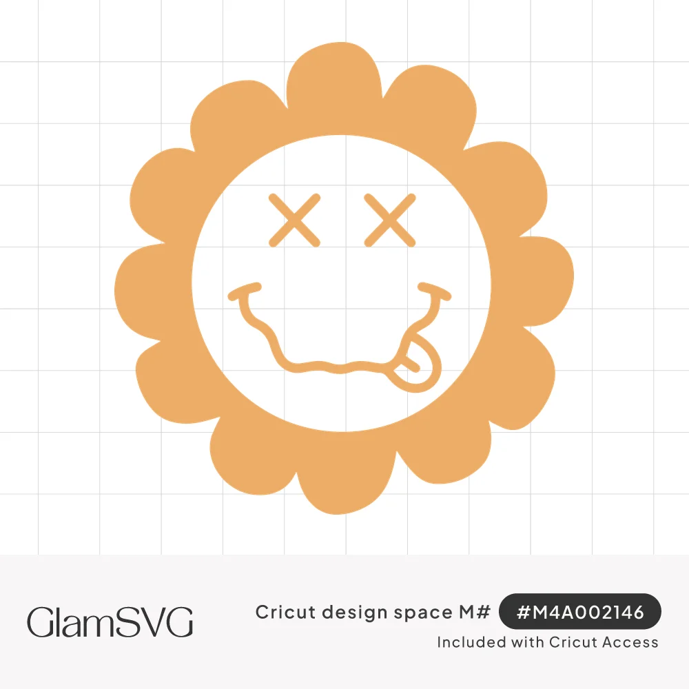 Orange flower-shaped smiley face with X eyes and a wavy smile sticking its tongue out