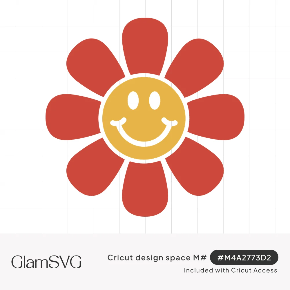 Red eight-petal daisy with a yellow smiling face in the center, drawn in a retro groovy style