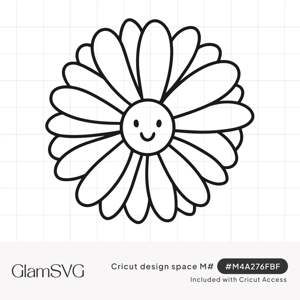Black outline drawing of a daisy with two layers of rounded petals and a smiling face in the center