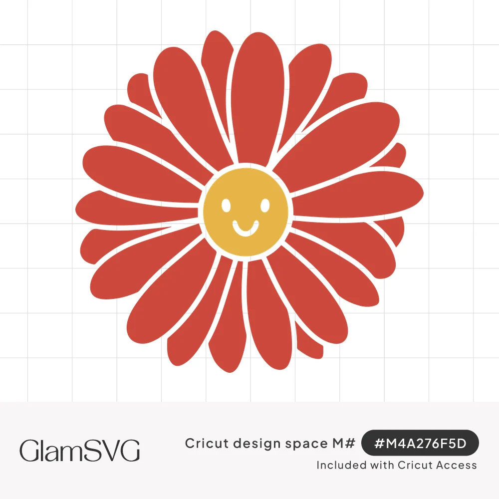 Red daisy flower with rounded petals and a yellow center showing a simple smiley face