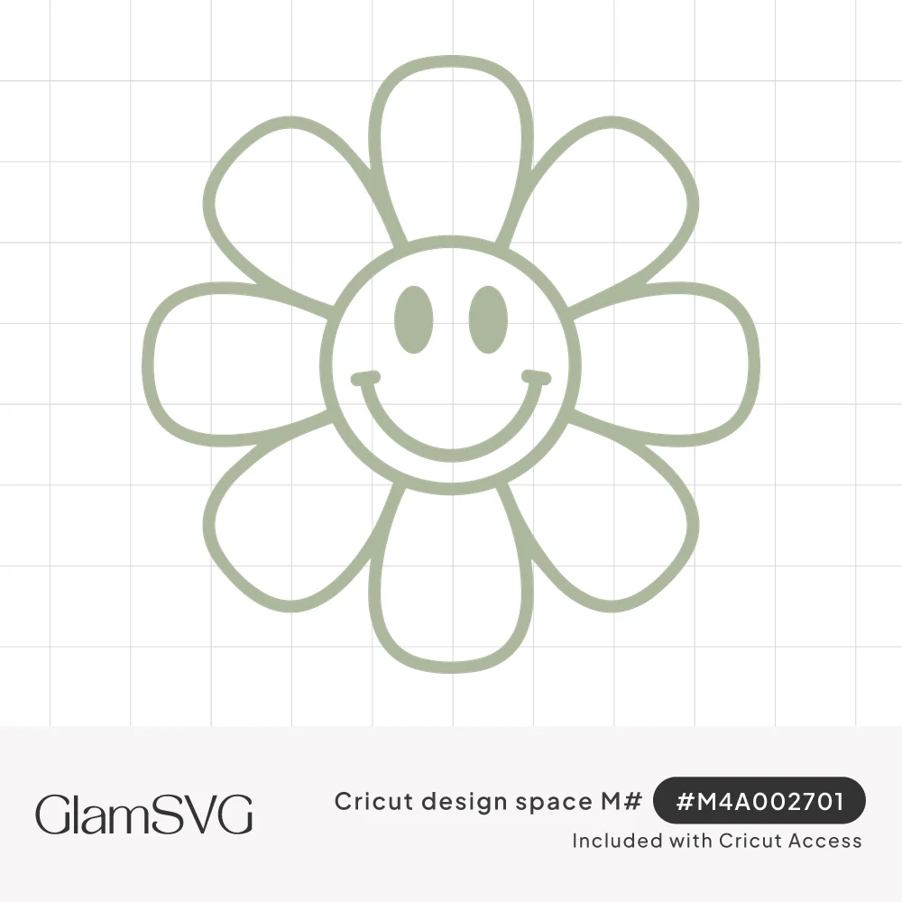 Outline daisy flower with eight rounded petals and a smiling face in the center, drawn in sage green lines