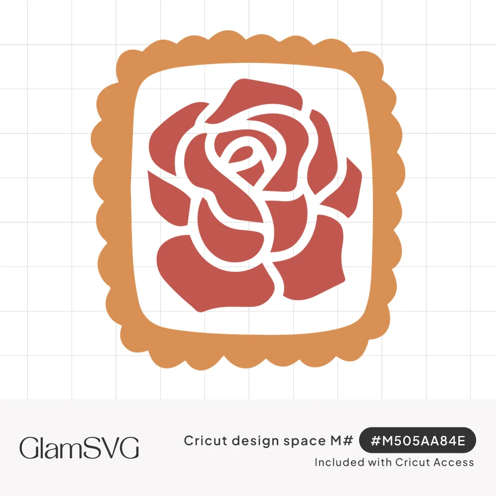 Red rose illustration inside a white square framed by a scalloped orange postage stamp border