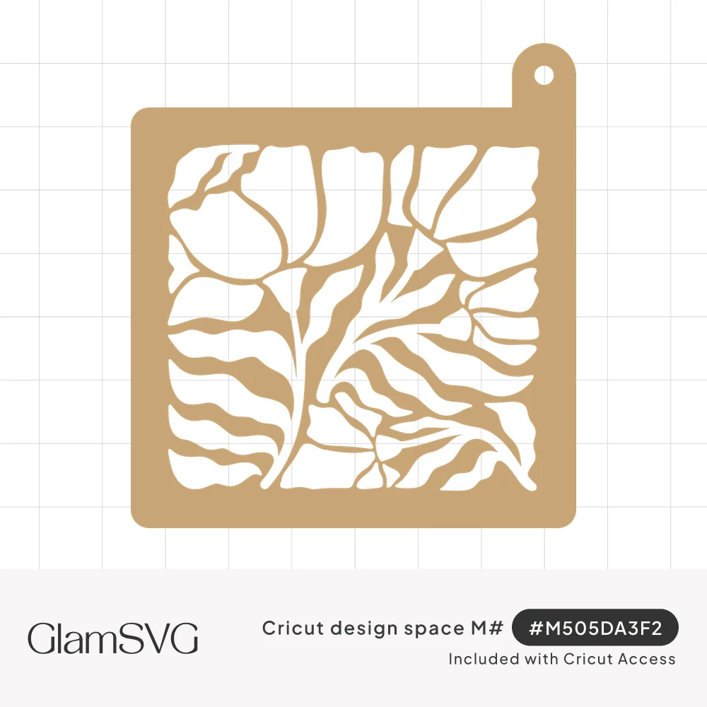 Tan square stencil with a hanging tab, cut with bold abstract flowers and wavy leaves filling the frame