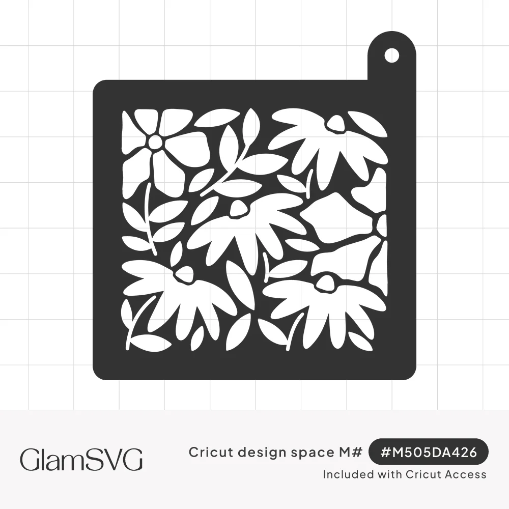 Square charcoal stencil with hanging tab and white cutout coneflowers, daisies and leafy stems filling the frame