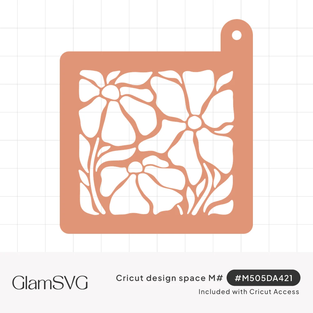 Square terracotta stencil with a corner hanging tab and large white cut-out flowers, stems and leaves