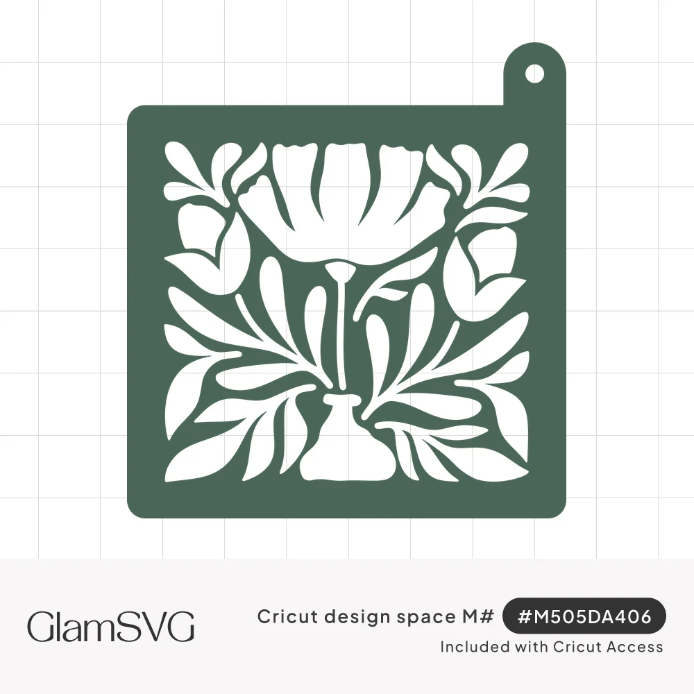Dark green square stencil with a white cutout of a large flower in a small vase surrounded by tulip buds and leaves