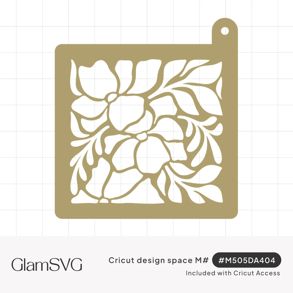 Square stencil with a hanging tab, featuring large cutout flowers and leaves in bold organic shapes