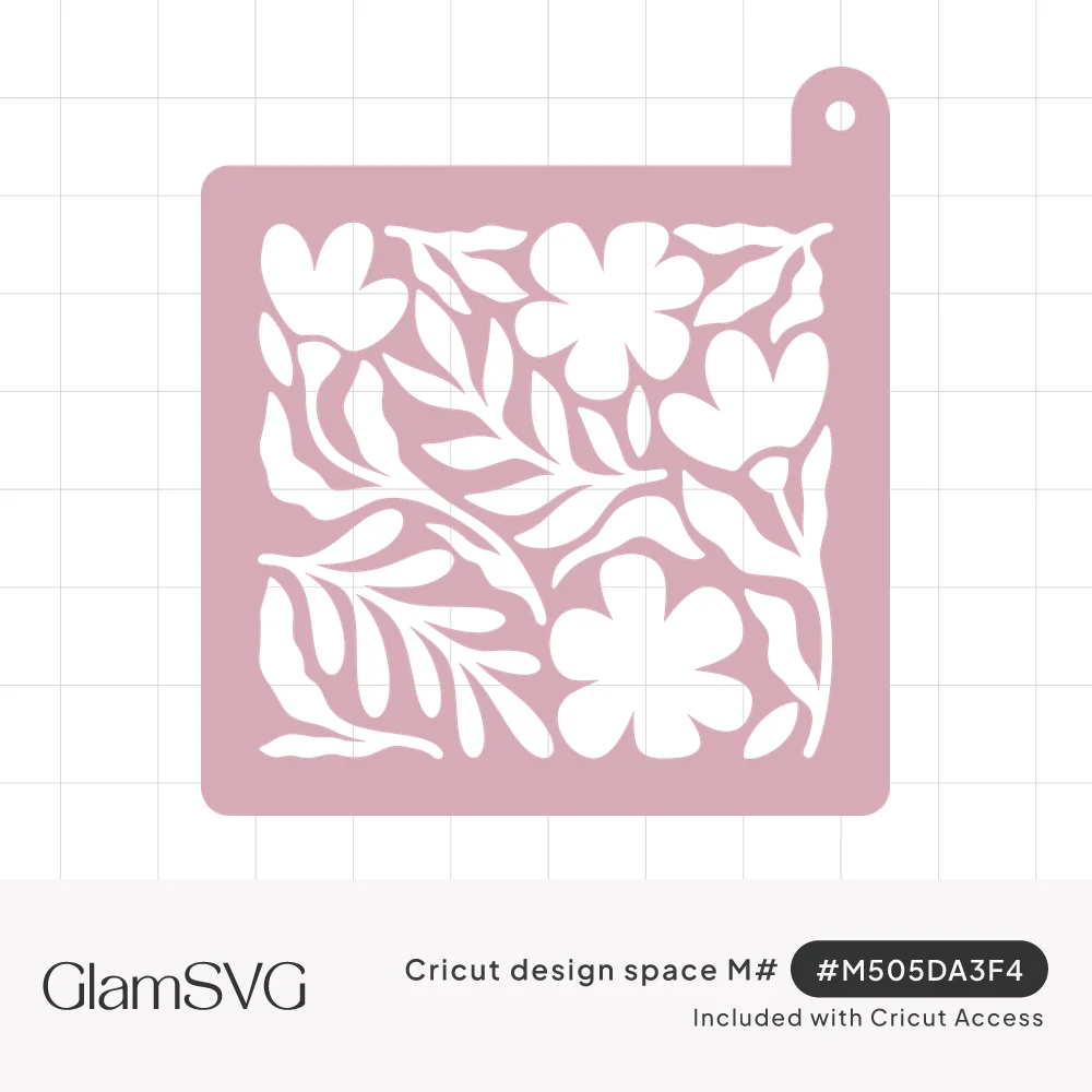 Pink square stencil with a hanging tab, featuring cut-out flowers and leafy branches in a modern botanical arrangement