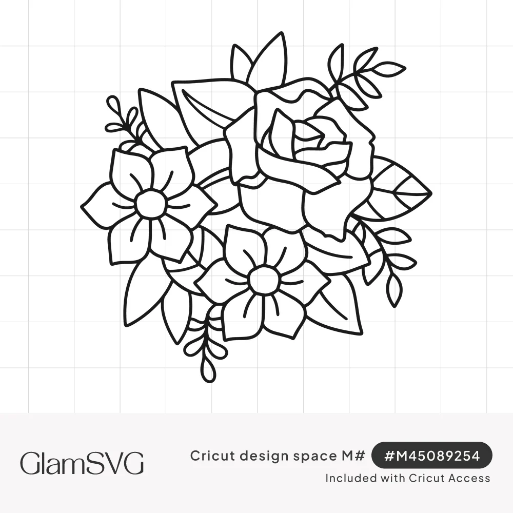Black outline drawing of a rose with two five-petal flowers, leaves and fern sprigs in a rounded floral cluster