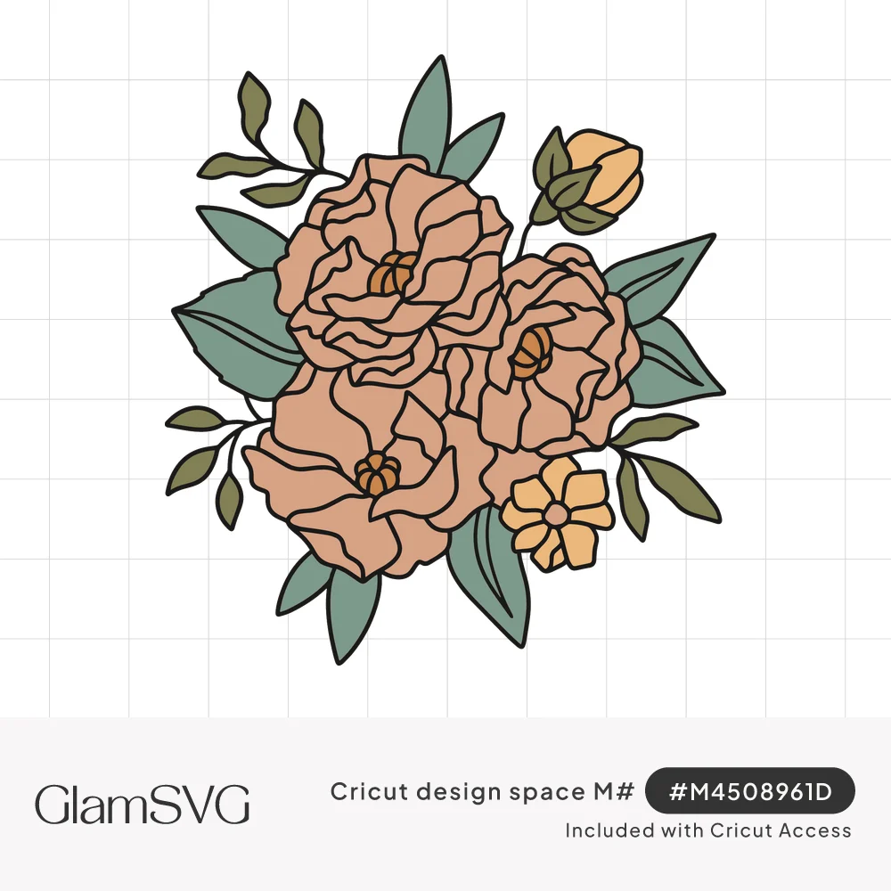 Bouquet of peach peonies with a yellow rosebud, small yellow flower and sage green leaves in bold dark outlines