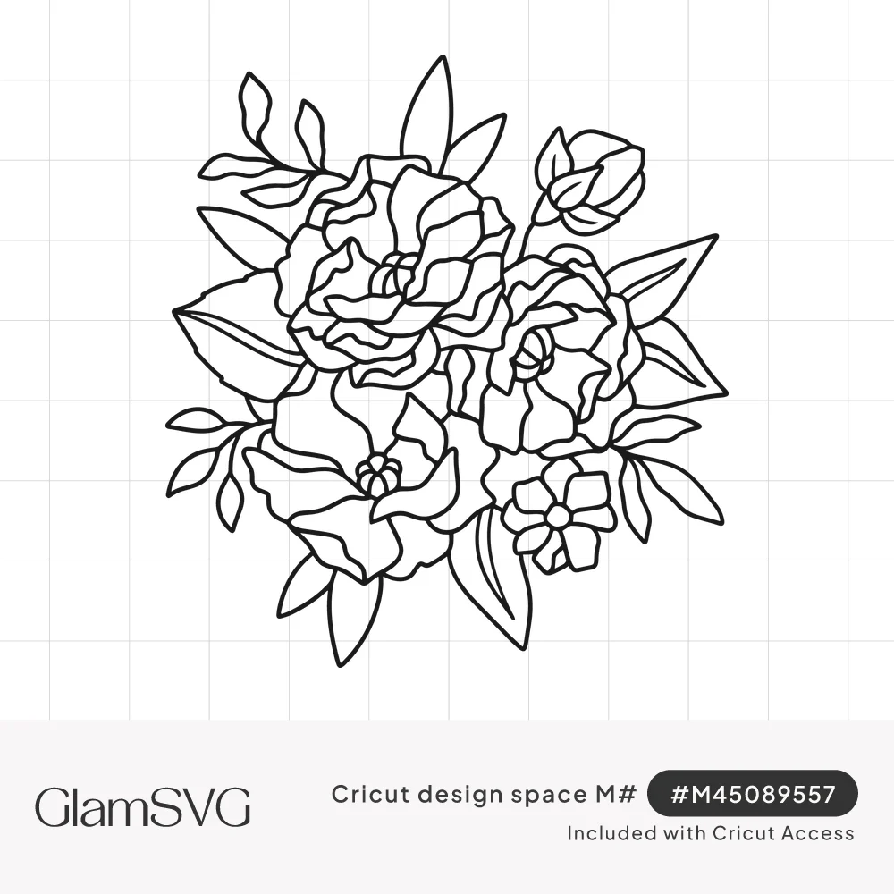 Black outline drawing of a floral bouquet with two large peony blooms, a rosebud, a small flower and leaves