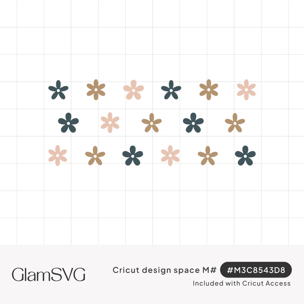 Rows of small five-petal flowers with dotted centers in blush pink, tan and dark slate blue on a white background