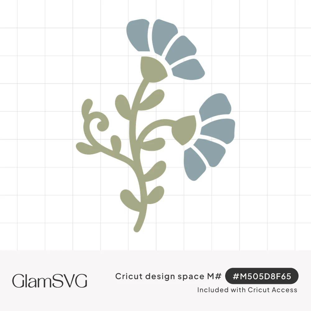 Sage green flower stem with rounded leaves and a spiral tendril holding two dusty blue fan-shaped blooms