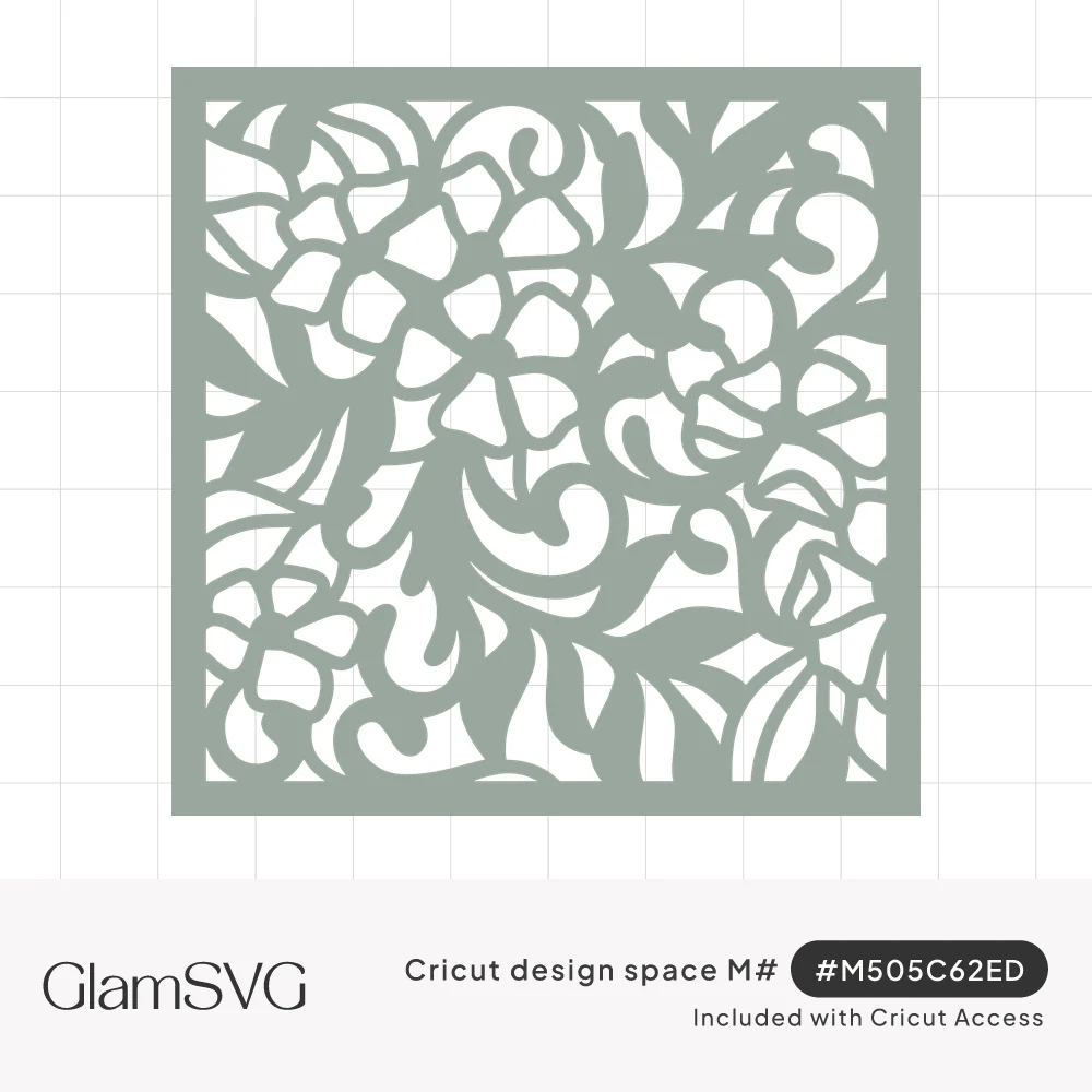 Square sage green filigree panel with cutout flowers, swirling scrolls and leaves inside a solid border